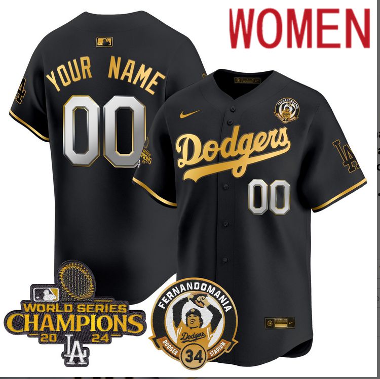 Women MLB Los Angeles Dodgers Custom black 2024 World Series Champions Patch Cooperstown Jersey style 8->customized mlb jersey->Custom Jersey